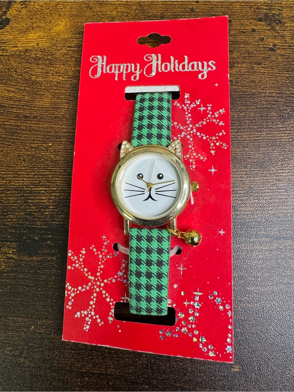 💚4/$20 Gold Cat Face Watch with Green Houndstooth Strap